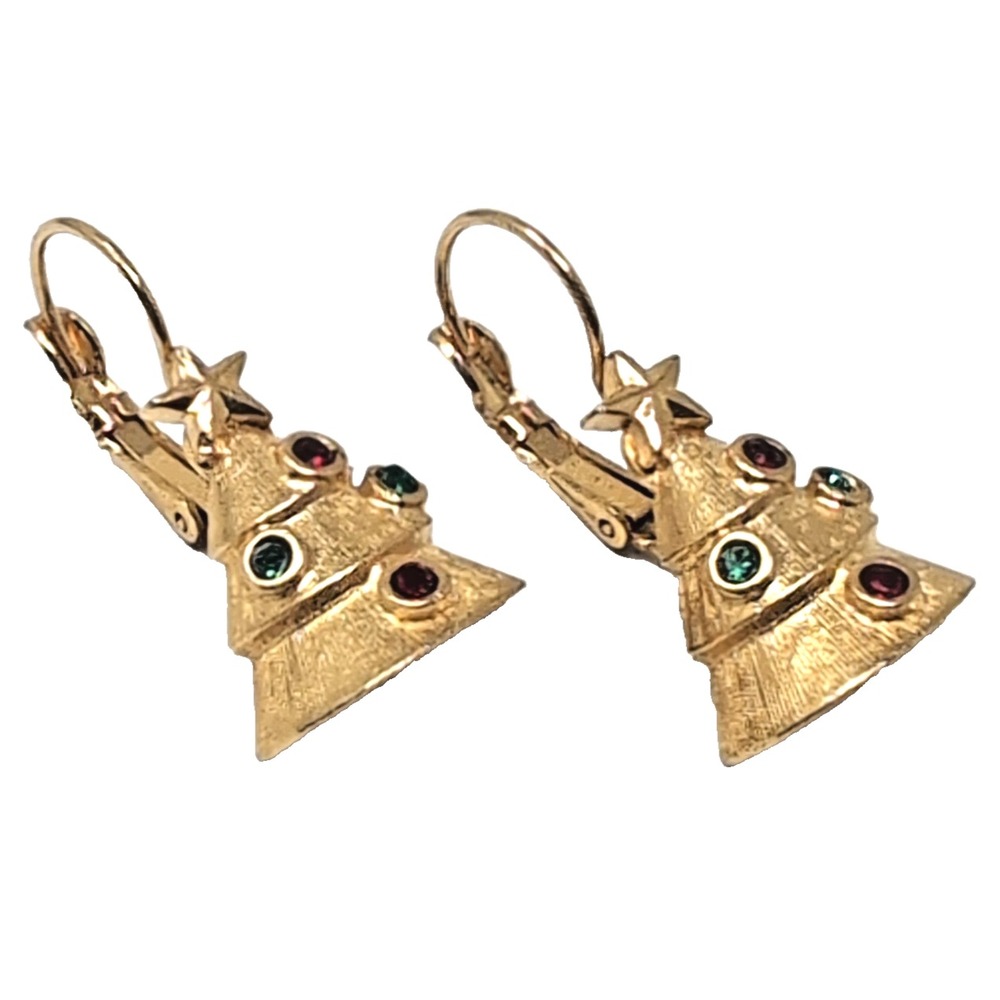 Vintage Gold Tone Christmas Tree Leverback Earrings Red Green Stones 7.24g Pair